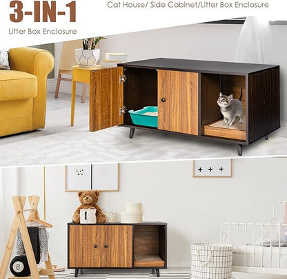 Tangkula Cat Litter Box Enclosure, Cat Washroom W/Divider, Scratching Pad, Metal Leg, Enclosed Cat Box Cabinet Pet House W/Double Doors, Litter Box Furniture Hidden for Large Cat (Walnut & Black)