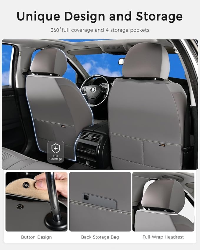 Huidasource Car Seat Covers Full Set, Car Seat Cover Nappa Leather with Lumbar Support, Side Elastic Fabric, Velcro Adjustable, Airbag, Ventilation Heating Universal Fit for Most Cars SUV Trucks, Gray