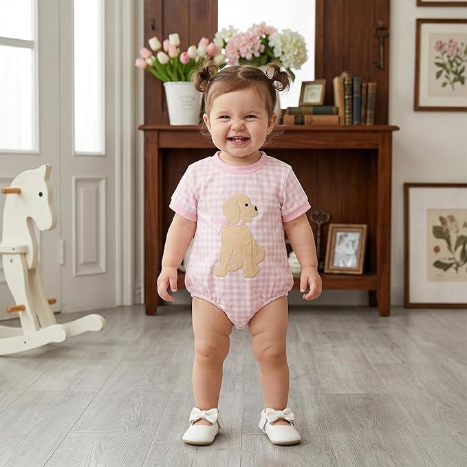Baby Girl Summer Clothes Dog Bubble Romper Newborn Infant Plaid Onesie Spring Summer Toddler Bodysuit Clothes
