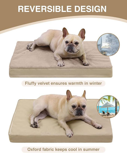 KSIIA Orthopedic Dog Bed Crate Waterproof Pet Mats for Small Dogs Deluxe Plush Washable Pet Bed with Egg Crate Foam & Removable Cover, 23 x 17 Inch, Khaki