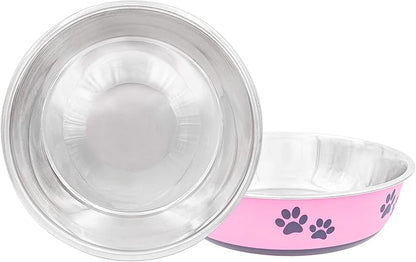 Fuzzy Puppy Food Bowl & Water Bowl for Dogs & Cats | Designer Series: Paw Print Detail, Stainless Steel & Pink, 52 oz (FPP-Pink L)