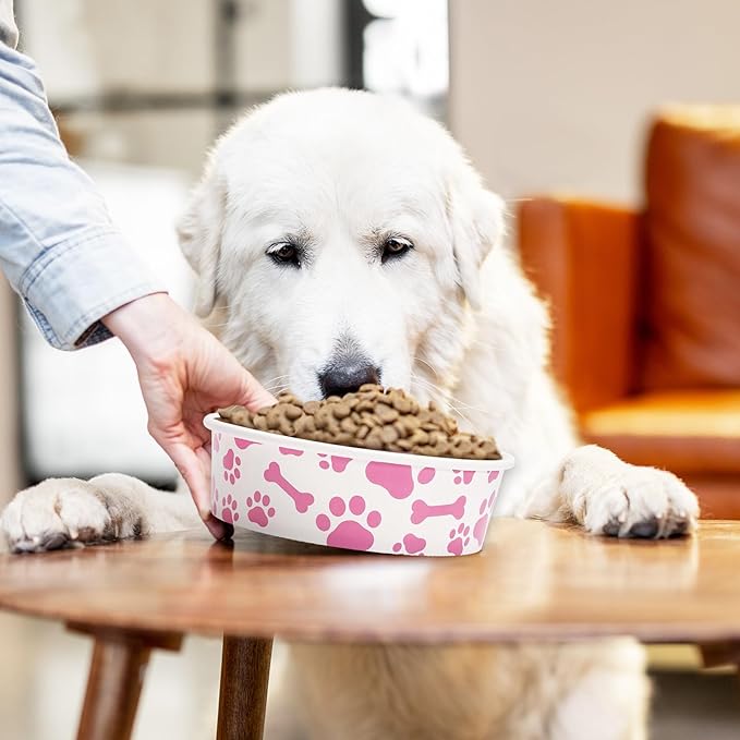 Whaline 50Pcs Pet Disposable Feeding Bowls Pink White Paper Dog Bowls Small Dog Dish 16oz 2 Cup Pet Food Bowl Serving Food Tray for Puppy Cat Travel Wet Dry Food Water