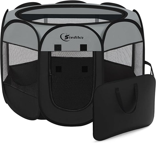 Siedihit Dark Grey Puppy Playpen for Large Dog Cat, Dogs Tent Crates Cage Indoor/Outdoor, Portable Pop Up Dog Kennel with Carrying Bag for Rabbits, (Dark Grey, Large)