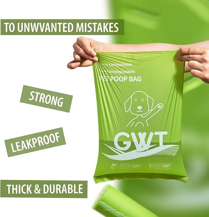 GWT Dog Poop Bags Biodegradable 100% Certified Home Compostable 120 Counts 9"x13" Pet Waste Bags- ASTM D6400 & EN 13432 Compliant -Plant Based Poop Bags for Pet Cat Dog Doggie (8 Rolls)