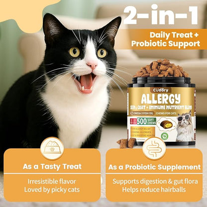 Cat Allergy Relief for Cats Treats, 500 Crunchy Snacks for Immune & Skin Coat Support – Seasonal Allergies, Itching Relief, Omega 3 & Probiotic Natural Supplement for Cat, Chicken (90-Day Supply)