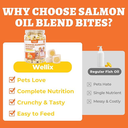 Wellix Freeze-Dried Treats for Dogs and Cats - Salmon Oil Cat Treats for Skin&Coat Health - Crunchy Healthy Kittens Snacks for Indoor Training - Chicken&Fish Oil Flavor 3.53oz