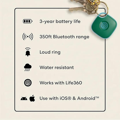 Life360 Tile - Bluetooth Tracker, Keys Finder and Item Locator for Keys, Bags and More. Phone Finder. Both iOS and Android Compatible. 1-Pack (Green Surf)