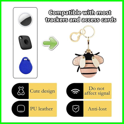 Leather Airtag Keychain Case Holder,Cute Protective Apple Air Tag Cover with Key Ring,Anti-Scratch Hidden Finder GPS Tracker Case for Wallet Keys,Bag,Pets,Backpack(Bee)