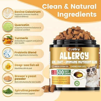 Cat Allergy Relief for Cats Treats, 500 Crunchy Snacks for Immune & Skin Coat Support – Seasonal Allergies, Itching Relief, Omega 3 & Probiotic Natural Supplement for Cat, Chicken (90-Day Supply)