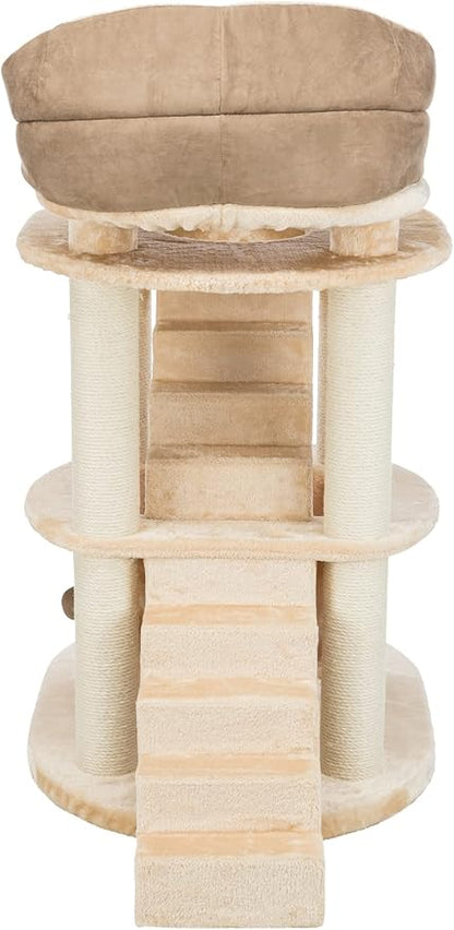 TRIXIE Elsa Senior Cat Tower with Scratching Posts, Hammock, Stairs, Top Platform Bed, Dangling Pom-Pom Beige