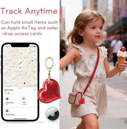 Leather Charm Keychain Holder Case Compatible with AirTag,Cute Protective Heart-Shaped Cover with Luxe Ring Clip,Finder GPS Tracker Case for Wallet Keys,Bag,Pets(Edge-Sealing,Red)