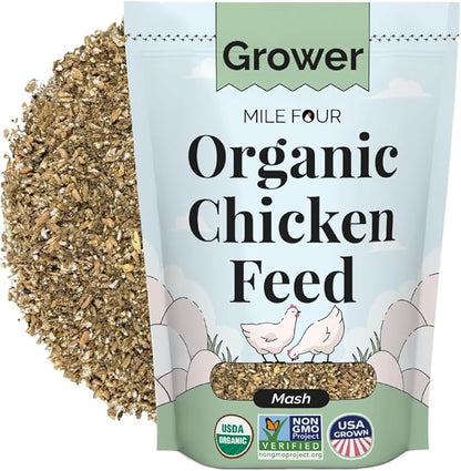 Mile Four Organic Chicken Feed – Grower Mash, Non-GMO, USA Grown, 18% Protein, Corn-Free, Soy-Free, Non-Medicated Feed for Chickens, 2 lb Sample