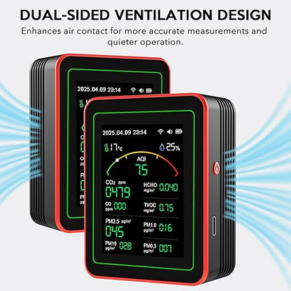 Air Quality Monitor Home Indoor - 15-in-1 Professional Air Meter with HCHO, CO2, PM, TVOC, AQI, Temperature & Humidity, Real-Time Display, App Control, Portable, Accurate for Home & Office Use