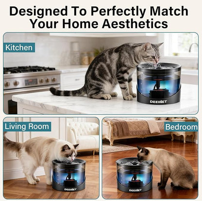 DEEIPET 2.2L/74oz Bubbling Cat Water Fountain, 360° Drinking Area, 24H Oxygen-Rich Flow, Replaceable Pump & BPA-Free ABS, LED Auto Shut-Off Pump, Ultra Quiet USB Adapter, for Cats & Small Dogs