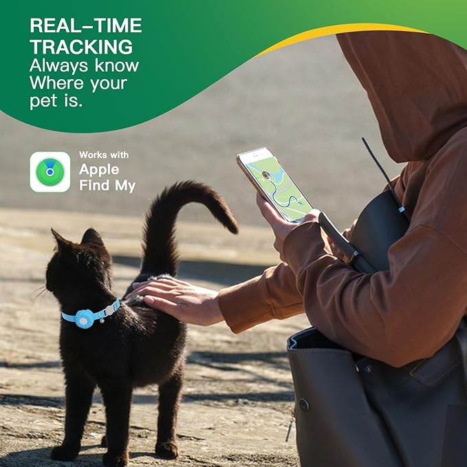 Cat Tracker,No Monthly Fee GPS Trackers for Cats Work with Apple Find My App(iOS Only),Real-Time Location Tracking,Cat Tracker GPS Collar with Safety Elastic Buckle-Blue