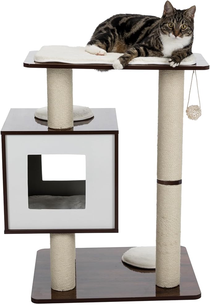 Trixie 31-in Inola Wooden Cat Tree, Jute Scratching Posts, Cat Condo with Cushion, Removable Cozy Pads, Dangling Cat Toy, Walnut