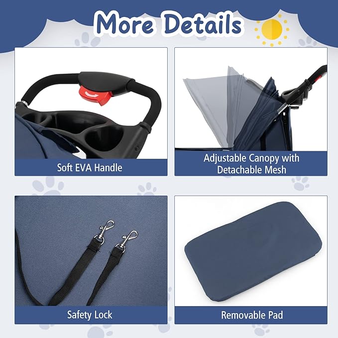 4 Wheels Dog Stroller, Foldable Pet Stroller for Small/Medium Dogs Cats, Cat Carrier with Storage Basket and Cup Holder, Pet Car Seat with Soft Pad, Navy Blue