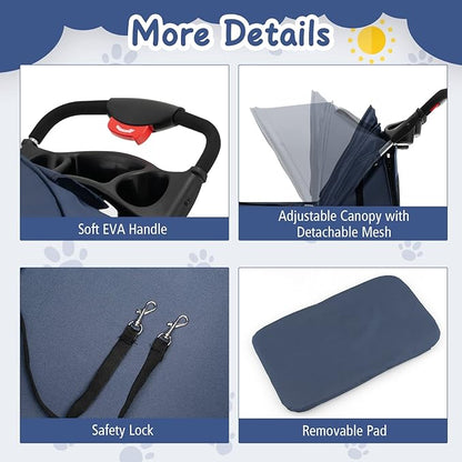 4 Wheels Dog Stroller, Foldable Pet Stroller for Small/Medium Dogs Cats, Cat Carrier with Storage Basket and Cup Holder, Pet Car Seat with Soft Pad, Navy Blue