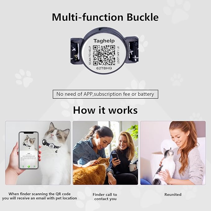 QR Code Breakaway Cat Collar with Online ID & Reflective Safety, 2 Pack Adjustable Night Visibility Collars - Smart Lost Pet Recovery with Bell, Moon & Star Design for Indoor Outdoor Cats (Black)