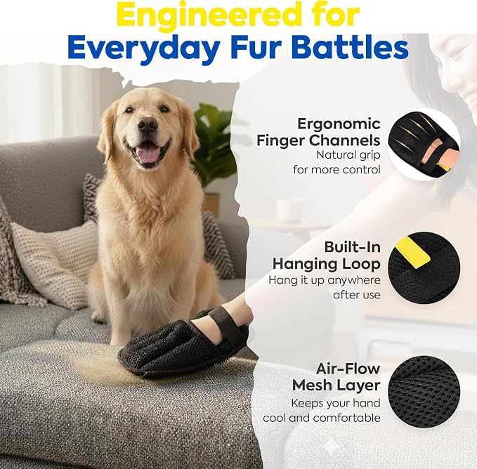 Pet Hair Removal Glove with Wrist Strap for Home & Car, Reusable & Washable Electrostatic 5-Finger Magic Brush Fur & Lint Remover for Laundry,Couch, Carpet, Furniture, Bedding (1-Pack)