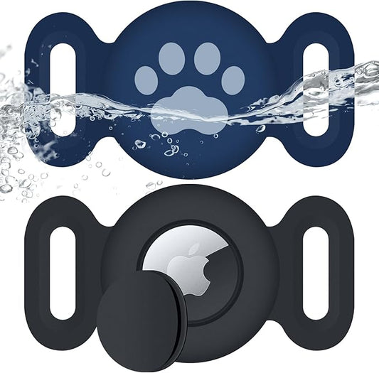 Waterproof Collar Holder Compatible with Airtag (2 Pack), Protective Anti-Lost Case for GPS Tracker, Silicone Collar Holder for Pets (Black/Midnight Blue)