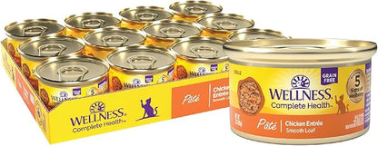 Wellness Complete Health Pate Adult Canned Wet Cat Food, Natural, Protein Rich, Grain Free, Chicken Entrée Recipe, 3 oz, Pack of 24 Cans