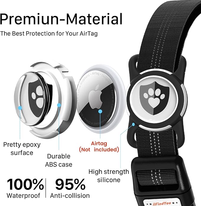 Reflective Dog Collar with AirTag Holder for Medium Dogs Soft Nylon Black Sized M