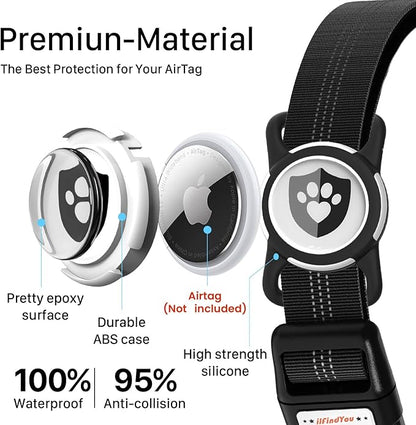 Reflective Dog Collar with AirTag Holder for Medium Dogs Soft Nylon Black Sized M