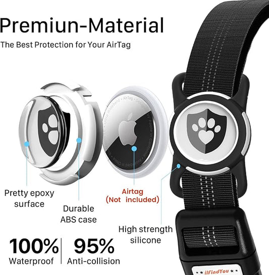 Reflective Dog Collar with AirTag Holder for Large Dogs Soft Nylon Black Sized L