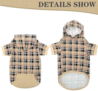 EXPAWLORER Plaid Dog Hoodie - British Style Warm Dog Sweater Shirt with Leash Hole,Pitbull Clothes Outfits,Winter Coat Apparel for All Breeds Puppy Girl Boy-Cat Apparel,Beige X-Small