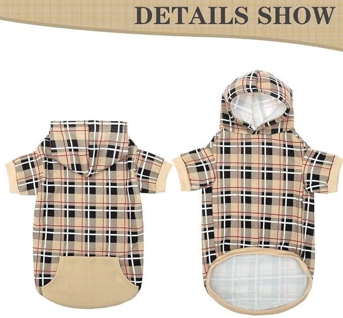 EXPAWLORER Plaid Dog Hoodie - British Style Warm Dog Sweater Shirt with Leash Hole,Pitbull Clothes Outfits,Winter Coat Apparel for All Breeds Puppy Girl Boy-Cat Apparel,Beige Large
