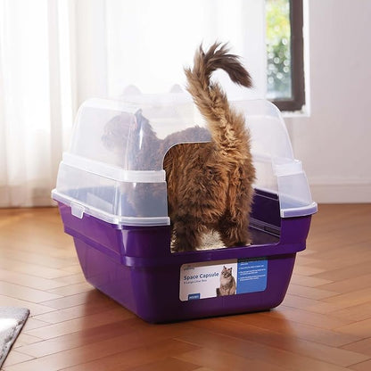 Large Cat Litter Box with Transparent Lid, Foldable Hooded Litter Box with Front Door Flap for Privacy, Easy Clean Non-Sticky Litter Box with Intelligent Deodorizing, (21.6" L x 17.8" W x 17.3" H)