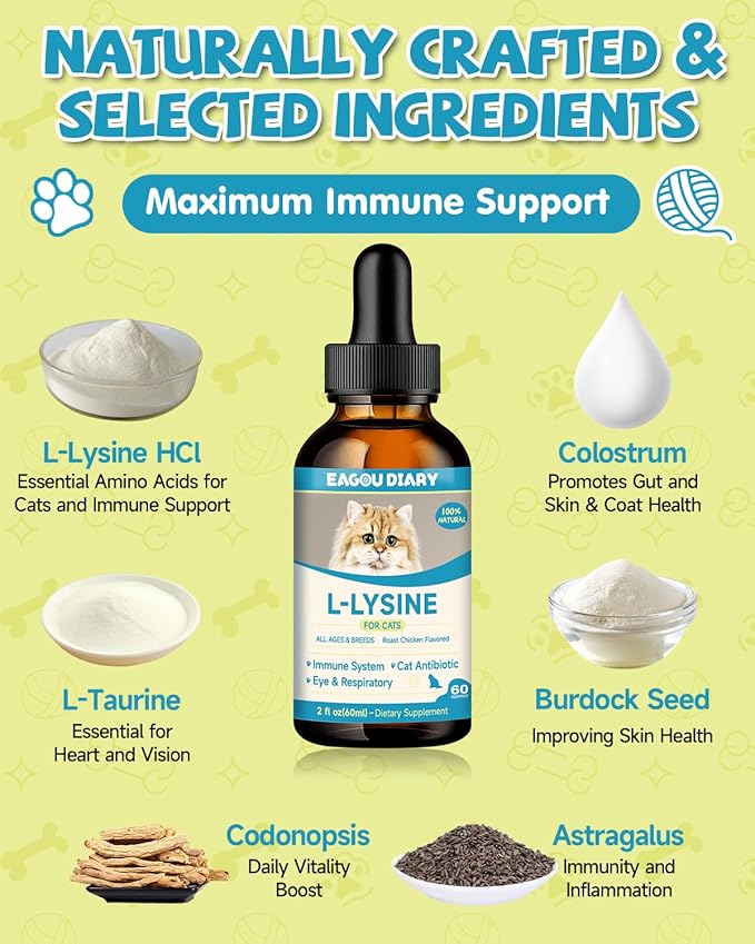 L-Lysine for Cats,Lysine Drops Immune Support Supplement,Sneezing,Cold,Allergy Relief,Runny Nose,Feline Respiratory,Natural Antibiotics for Cats with Colostrum,Taurine Cat(Roast Chicken Flavor/2floz)