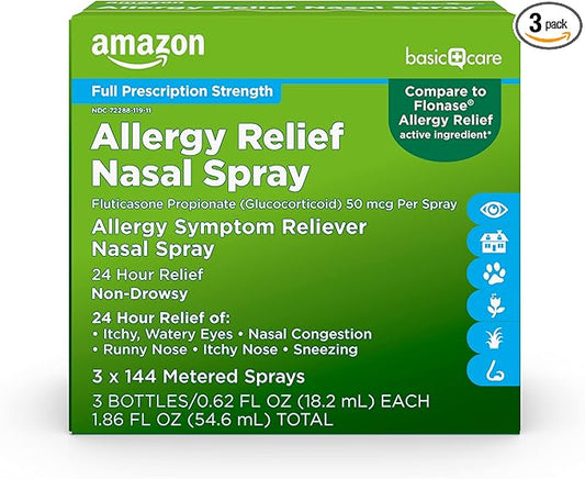 Amazon Basic Care 24-Hour Allergy Relief Nasal Spray, Fluticasone Propionate (Glucocorticoid) 50 mcg, Full Prescription Strength, Non-Drowsy, 0.62 Fl Oz (3 Pack)