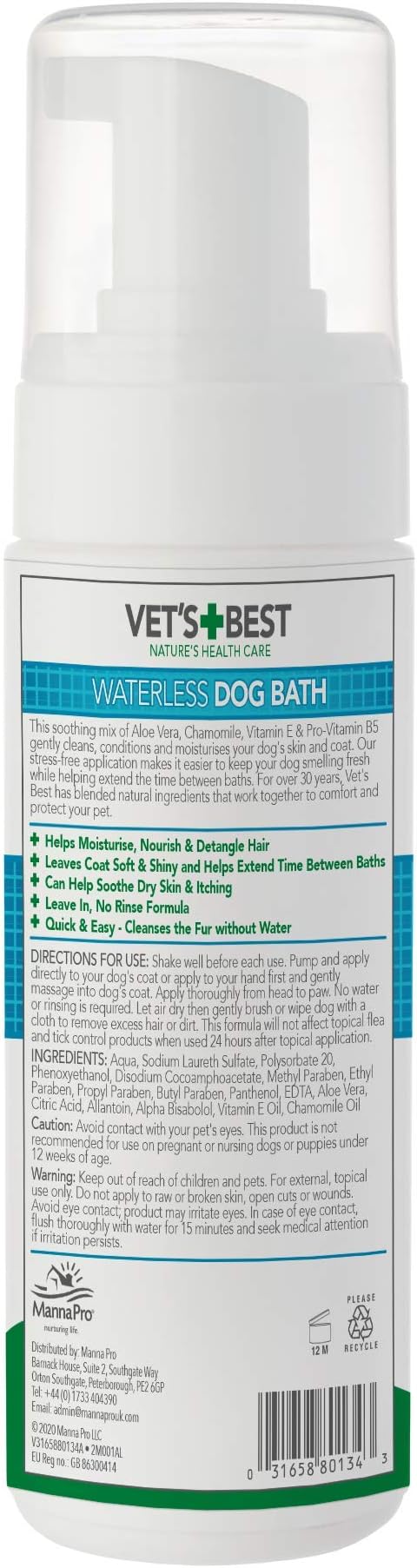 Vet's Best Waterless Dog Bath, No Rinse Dry Shampoo for Dogs, Natural Plant-Based Formula, Refreshes Coat & Controls Odor Between Baths, Easy Dog Grooming & Cleaning Spray, 5 oz Bottle