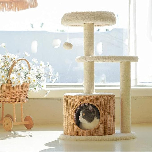 Happy & Polly 33.1" Cat Tree Tower - Condo with Scratching Posts Luxury Cozy House Indoor for Cats, Multi-Level Play Activities Platform Soft Perch