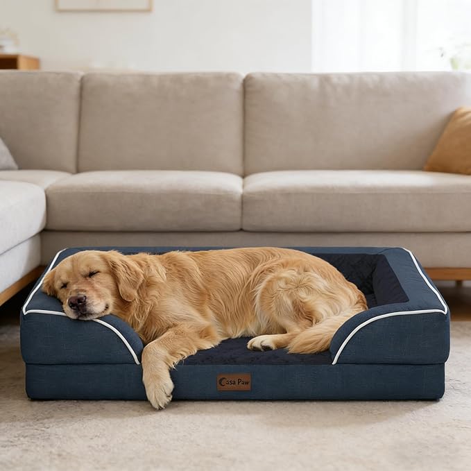 Orthopedic Dog Beds for Large Sized Dogs, Waterproof Memory Foam Large Pet Bed with Sides 35x22Inch, Non-Slip and Egg-Crate Foam Big Dog Couch Bed with Removable Washable Cover, Navy Blue