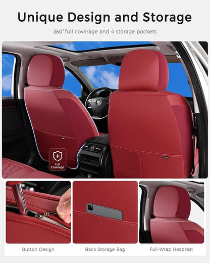 Huidasource Red Seat Covers, Nappa Leather Car Seat Covers, Automotive Seat Covers Velcro Adjustable, Compatible with Airbags, Child Seat, Fit for Most Cars, Vans, Trucks, SUVs (Full Set/Red)