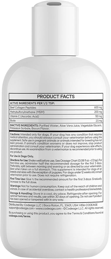 DNA PET Liquid Collagen for Dogs – Beef Collagen Peptides with Vitamin C, Biotin & MSM – Bacon Flavor Liquid Supplement for Skin, Coat & Joint Care – Canine Supplement - All Dog Breeds – 4 fl oz