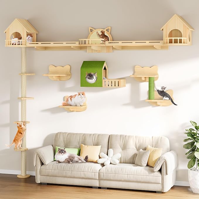 YITAHOME Cat Wall Shelves with Scratching Post, Cat Tower with Solid Wood Wall Shelves, Multi-Level Cat Climbing Furniture with Hideout & Runway