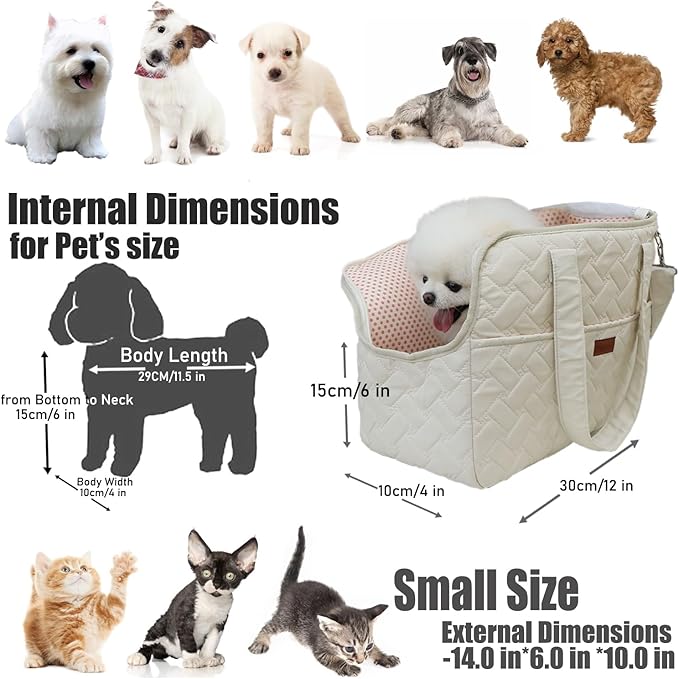 Small Dog Carrier Kitten Puppy Handbag with Multiple Pockets,Woman Style,Breathable Mesh Soft Cushion,Pets Tote Purse Picnic Travel Outdoor,MAX 6 lb (Cream, Small)