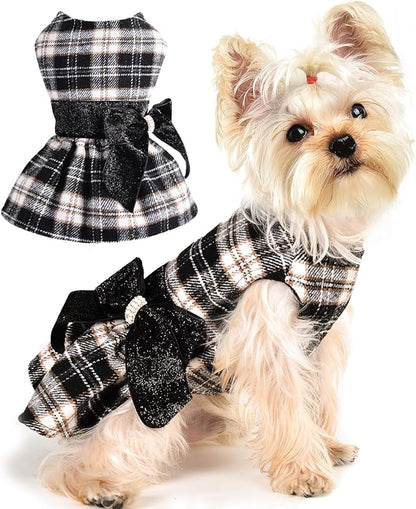 Yikeyo Dog Sweater Dress, Plaid Dog Dress for Small Medium Dogs Girl, Winter Warm Fleece Lining Female Small Dog Clothes, Pet Outfits Coat, Cat Apparel for Holiday,Christmas,Medium,Black