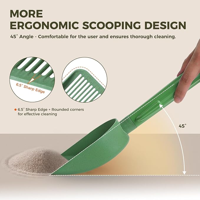 MUTTROS Cactus Cat Litter Scooper with Holder - 3 Rolls of Trash Bags, Wheat Straw Plastic Shovel & ABS Handle and Box - Cat Litter Scoop with Bag - Premium Kitty Litter Scoop Green