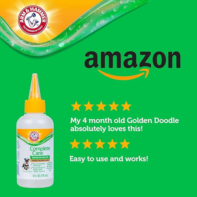 Arm & Hammer Complete Care Brushless Oral Gel for Dogs, No-Brush Toothpaste Formula, Fresh Breath, Tartar Control - Baking Soda Enhanced Dental Dog Supplies, Peanut Butter Flavor, 4oz