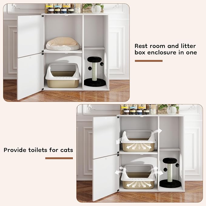 Rovibek Double Cat Litter Box Enclosure,Two Tier Hidden Litter Box Furniture for 2 Cats with Scratching Post and Storage, Dual Cat Litter Cabinet for 2 Litter Boxes, White
