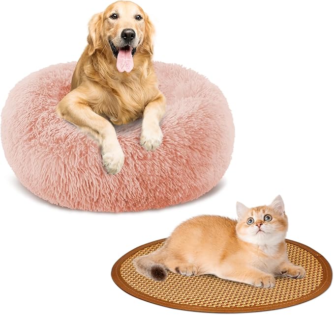 Calming Donut Dog Bed Medium Size Removable Cover + 2 PCS Cooling Rattan Pet Mat, Fluffy Comfort Anti-Anxiety Washable Round Pets Bed with Double-Sided Cool Pad for Medium Dogs/Cat, 31" Pink