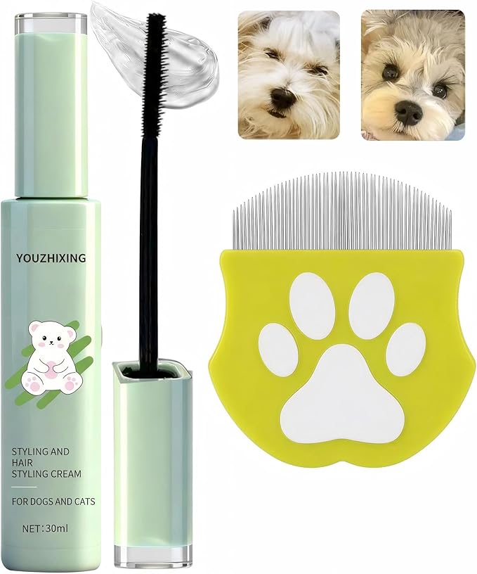 Dog Facial Hair Styling Gel – Gentle Grooming for Eyes & Nose Flyaways, No Alcohol Formula for Small Long-Haired Dogs & Cats, for Daily Use & Styling, 1.06 oz (2in1 1.06 oz+Stain Comb)
