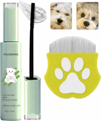 Dog Facial Hair Styling Gel – Gentle Grooming for Eyes & Nose Flyaways, No Alcohol Formula for Small Long-Haired Dogs & Cats, for Daily Use & Styling, 1.06 oz (2in1 1.06 oz+Stain Comb)