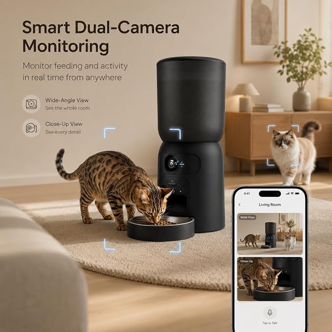 Automatic Cat Feeder with Camera, 2K WiFi App-Controlled Pet Feeder | 2K Dual-Camera Monitoring, 2.4/5GHz WiFi, App Control, Motion Tracking, Portion Control, Dual Power, 6L Capacity