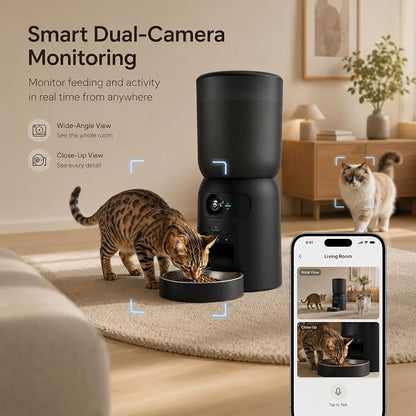Automatic Cat Feeder with Camera, 2K WiFi App-Controlled Pet Feeder | 2K Dual-Camera Monitoring, 2.4/5GHz WiFi, App Control, Motion Tracking, Portion Control, Dual Power, 6L Capacity